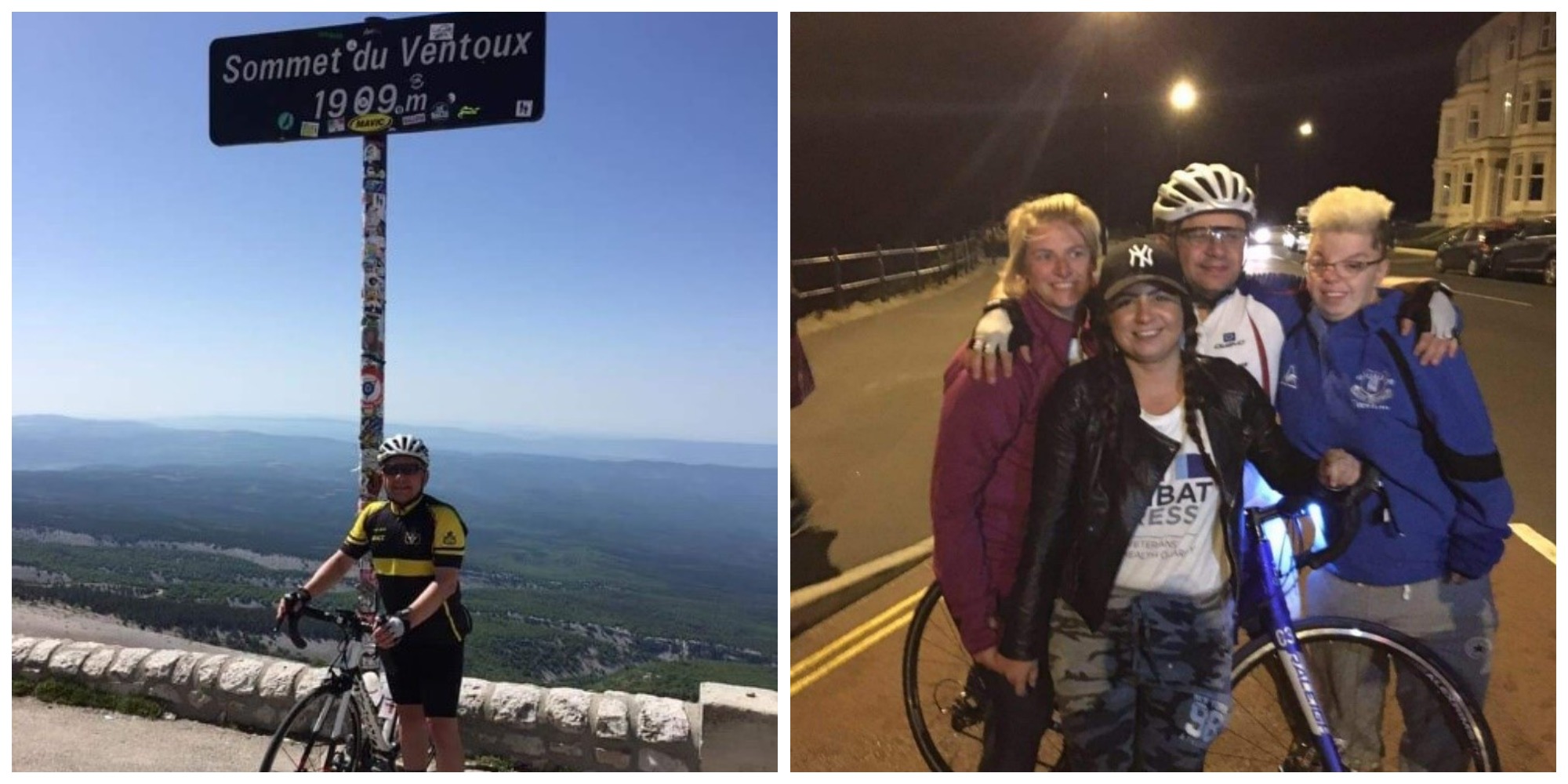 Two photos, one showing a man standing next to his bike, the other of three women and two men huddling together.