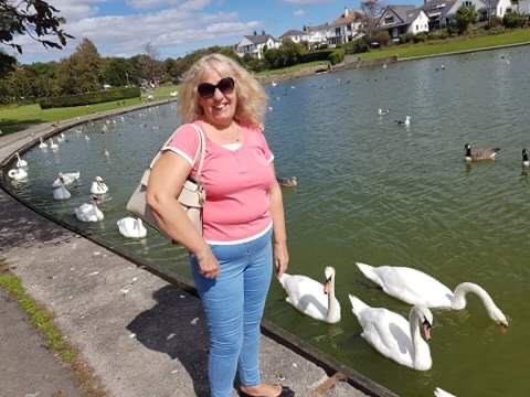 A woman in a pink t-shirt stands by a lake with swans swimming in it