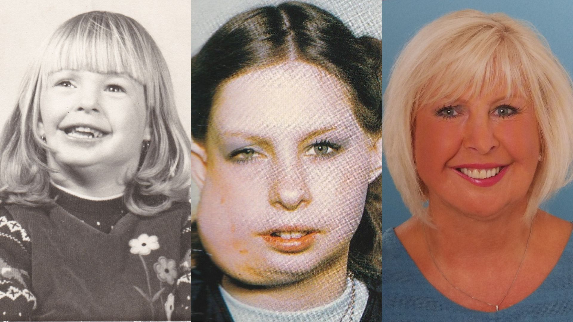 On left: a young girl, 4-6, with long blond hair, smiling. In the centre: a teenage girl, with brown hair. On the right: woman with blond hair, 50s to 60s, smiling at camera.