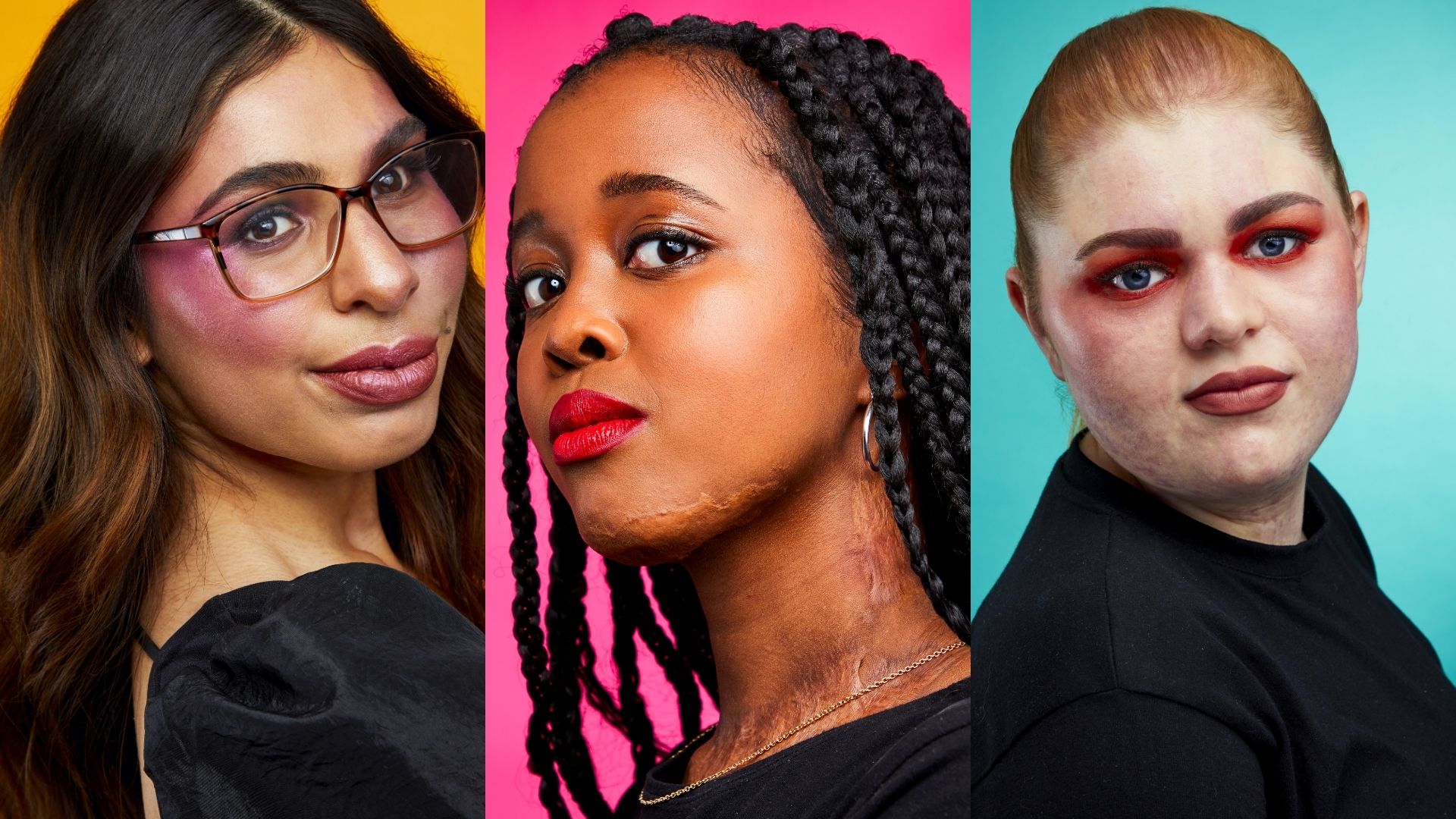 A collage of three of our campaigners. On left: woman in her early 20s, long dark brown hair, glasses and a black top. She's in front of a yellow back drop. In the centre: a young woman, early 20s, she has braided hair and is wearing a black t-shirt, a necklace and hoop earrings. She's in front of a pink back drop. On right: a young woman, early 20s, she has dark blonde hair pulled back in a pony tail. She's standing in front of a sky blue back drop.