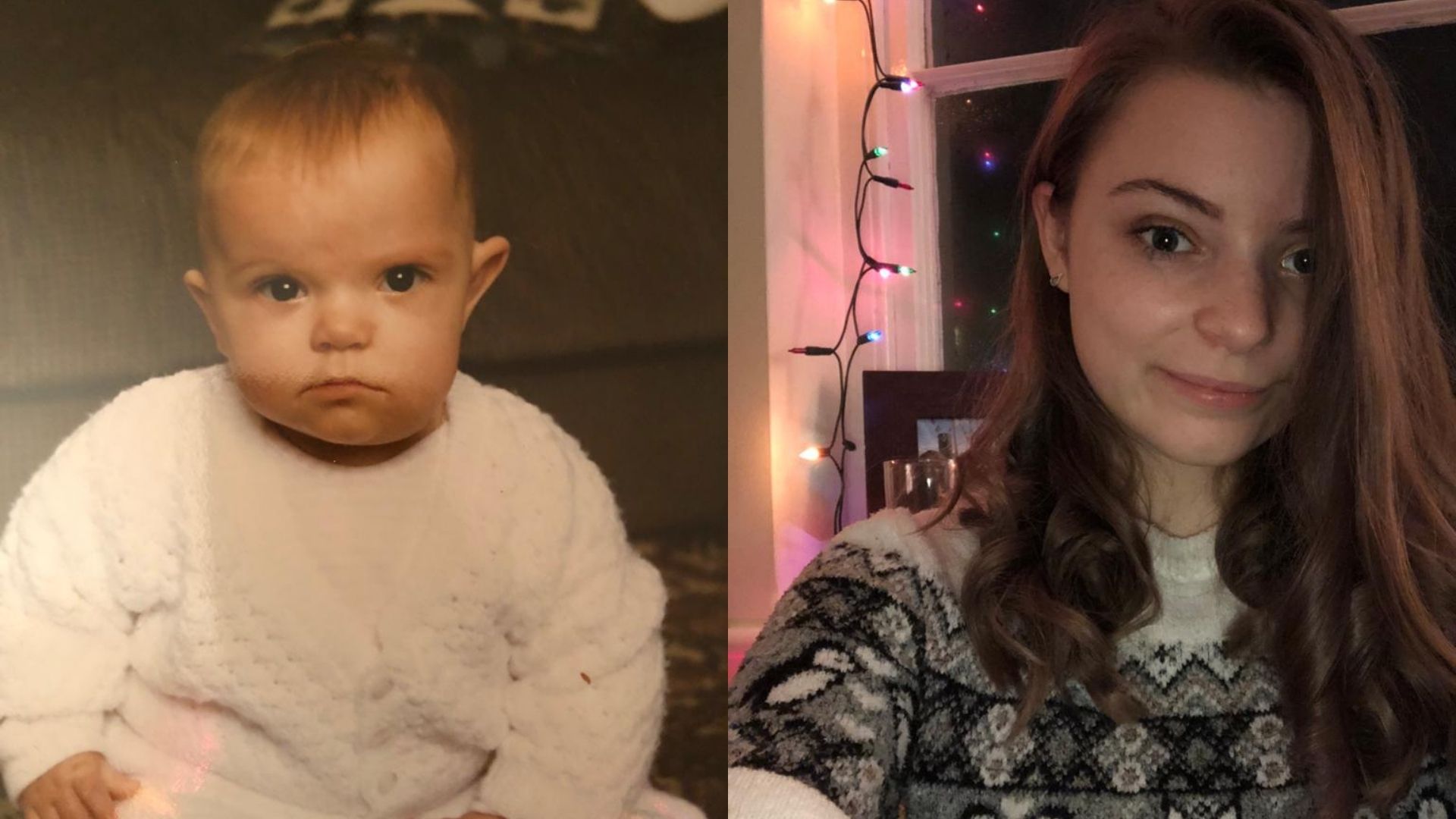 Left: A baby with blue eyes and short blond hair wearing a white knitted jumper and sitting in front of a brown sofa. Right: A woman, early 20s, shoulder length brown hair, wearing a patterned knit jumper. Her hair is covering the left side of her face partially. Behind her is a photo frame and a string of fairy lights.