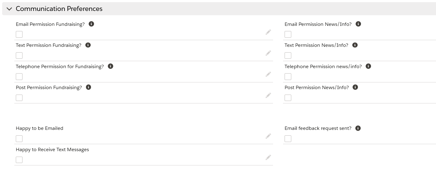 Screenshot of a page on a database showing the fields that are completed to log someone's contact preferences