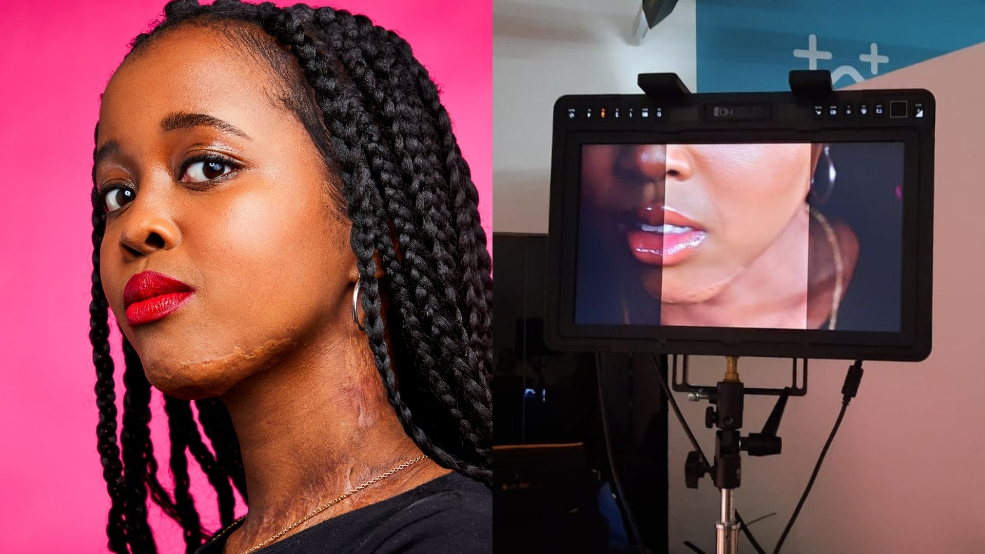 Left: A woman, early 20s. She has black braided hair and is wearing a black t-shirt and red lipstick. She is stood in front of a pink background. Right: A tv monitor on a stand shows an image of the bottom half of a young girl's face. 