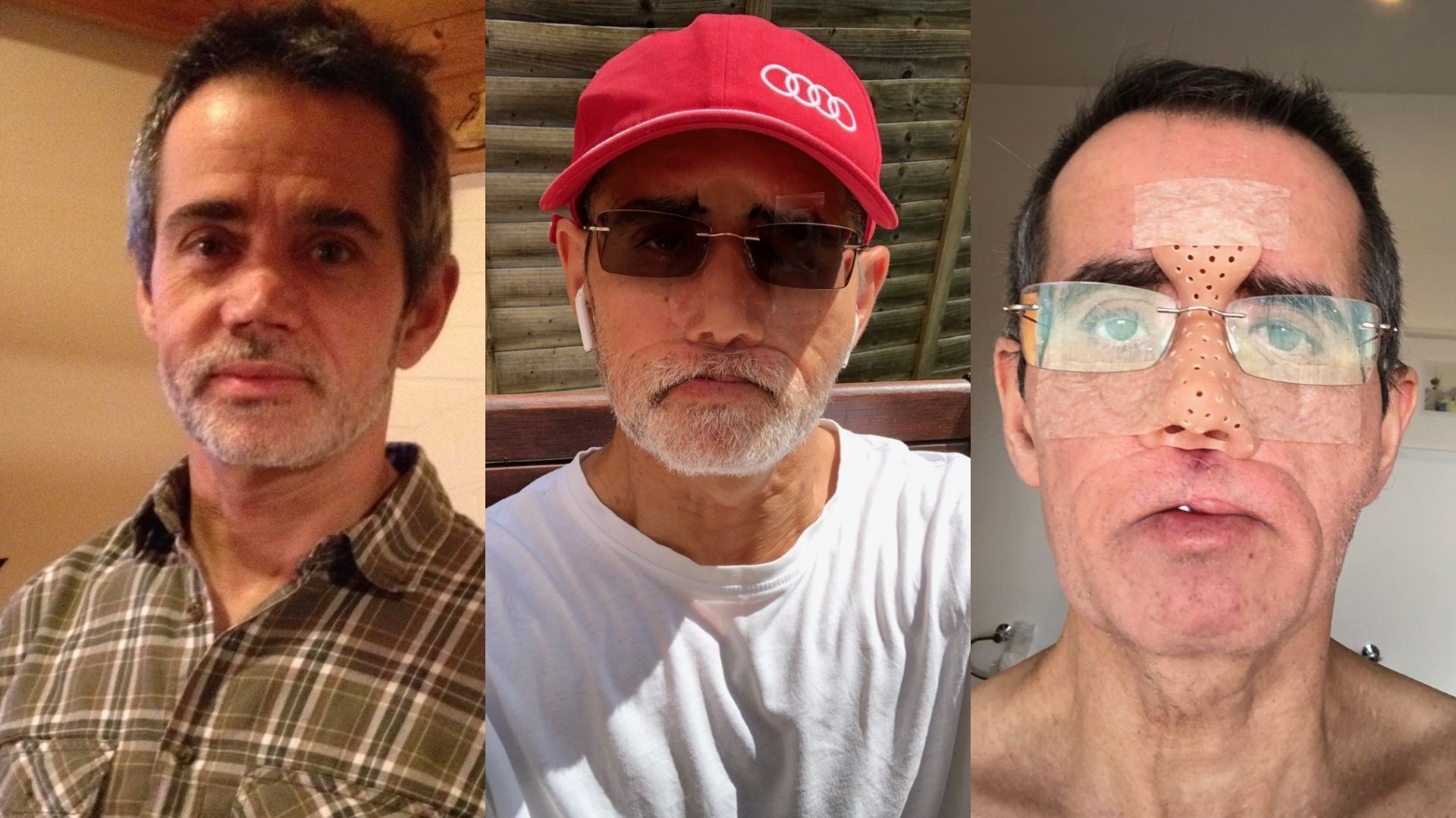 Three images of Mark. Left: Mark, a man is his early/mid 50s, with short dark brown hair and a greying beard. He's wearing a check shirt. Centre: Mark in his late 50s. He's wearing a red cap, sunglasses and has a prosthetic nose. He's wearing a white t-shirt. Right: Mark, late 50s, he has short dark/greying hair and is wearing glasses and has a prosthetic nose.