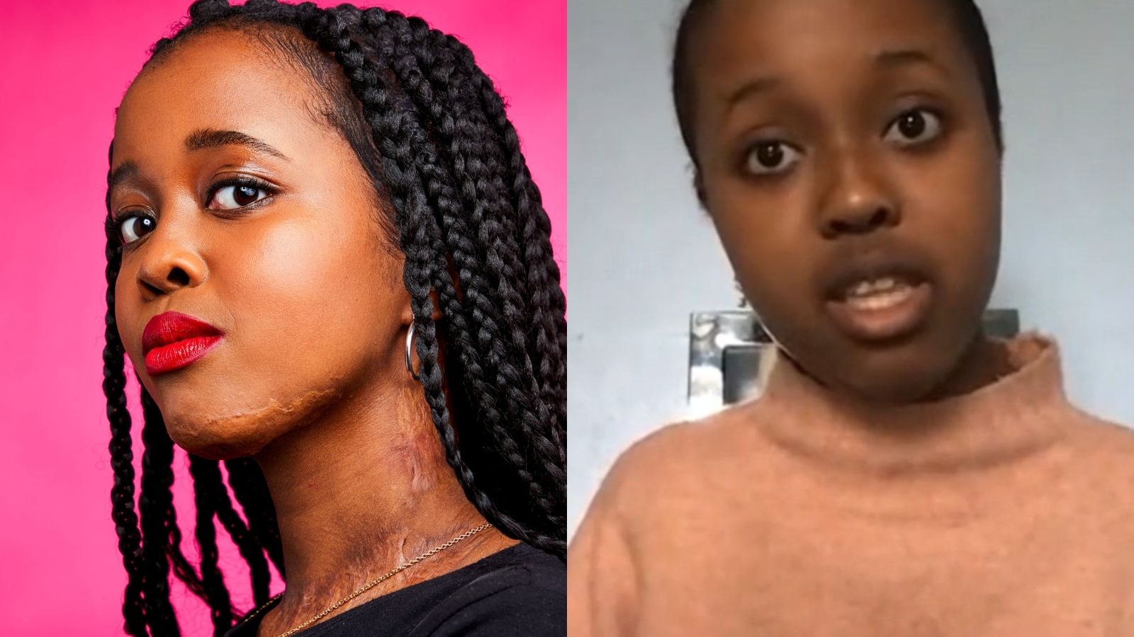 Left: Tatyana, a woman of colour in her 20s, with her hair in braids against a pink background. Right: Tatyana, wearing a pink jumper, speaking on a Zoom call.