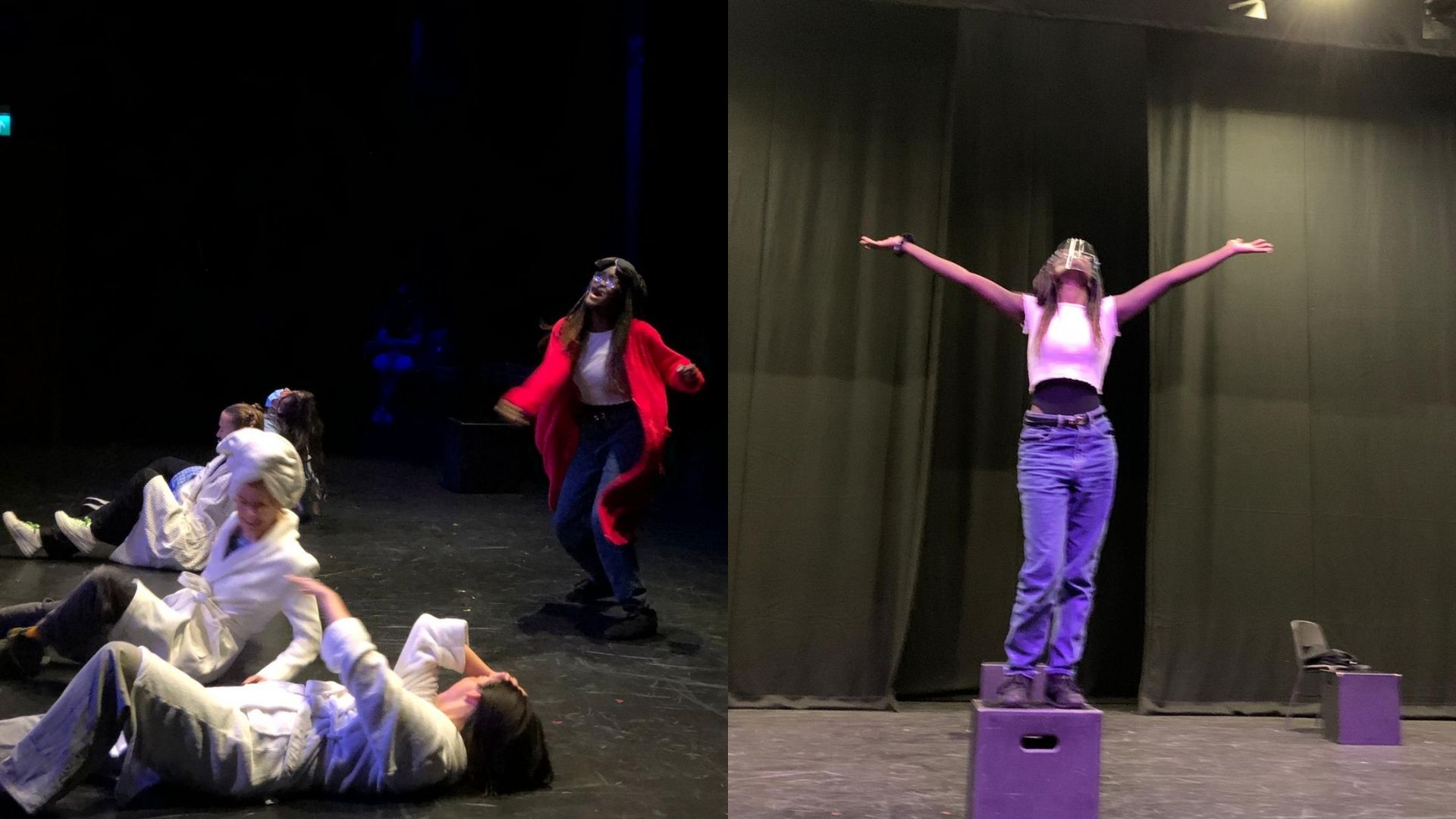 Left: Crystal wearing a red cardigan, jeans and a white t-shirt. She appears to be talking to the ceiling. On the ground are several actors lying down in white dressing gowns. Right: Crystal is wearing a dace shield, a white t-shirt and jeans. She is standing on top of a box and looking up with her arms stretched out to either side. Behind are some heavy black drapes.