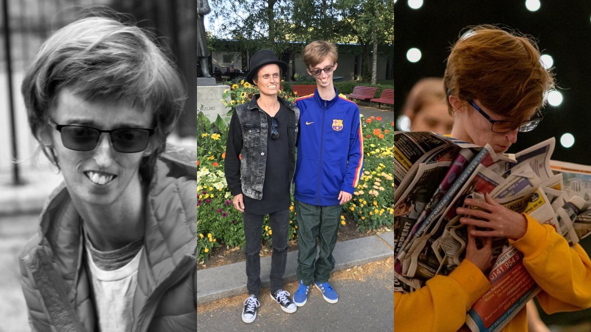 Left: A black and white image of Dylan wearing a jacket, t-shirt and glasses. Centre: Dylan posing for a photo next to a man dressed in a black hat, black jacket, jumper, jeans and shoes. Dylan is wearing a blue zip up jumper, dark trousers and blue shoes. Right: Dylan, wearing a yellow jumper and holding a bunch of newspapers in his hands.