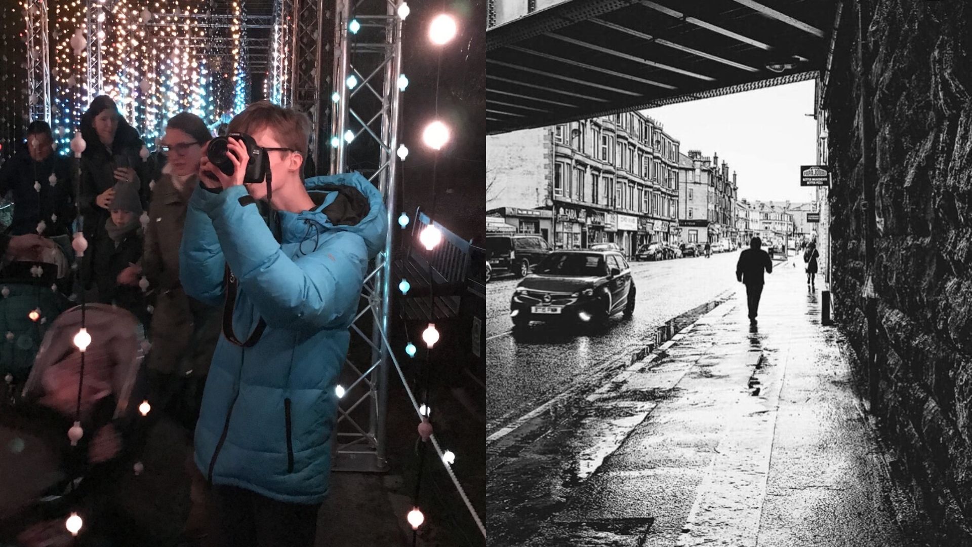 Left: Dylan, wearing a blue jacket, holding a camera up to take a photo. Behind him are several women and child as well as some lights and what appears to be scaffolding. Right: a black and white image Dylan took of a street under a bridge. We can see some cars and a man walking under the bridge.