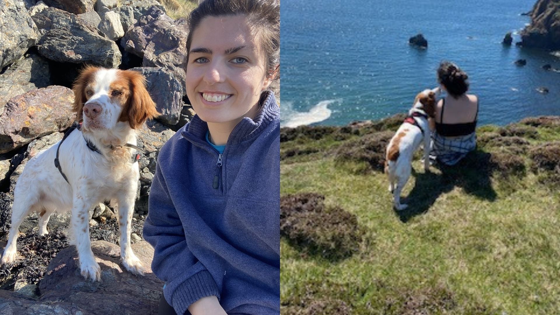 Left: Sophie, 20s, outdoor sitting on some rocks on a hill with her dog. She's wearing a blue fleece and has her hair tied up. Right: Far away shot of Sophie and her dog, sitting at the edge of a cliff, looking away from the camera towards the sea.