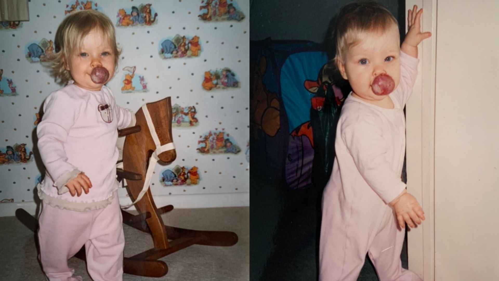 Left: Abbie as a toddler, 2-3 years old, with a hemangioma on her lip. She has short blonde hair and is wearing matching pink pyjamas. She's resting a hand on a rocking horse and looking at the camera. Right: Abbie as a toddler, 2-3 years old, with very short blonde hair and a hemangioma on her lip. She is wearing a pink onesie and leaning against a doorway and looking at the camera.