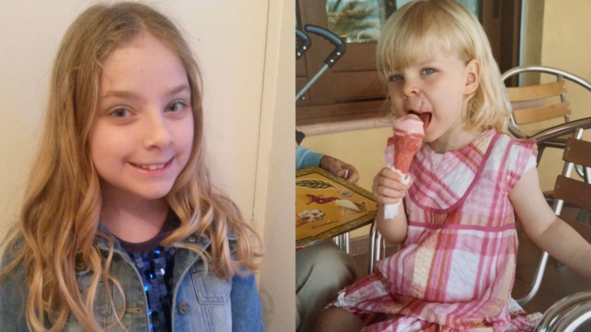 Left: Abbie at 10-11 years of age. She has shoulder length blonde hair and some scarring above her mouth. She is wearing a denim jacket, standing against a cream wall, and smiling at the camera. Right: Abbie at 4 years old. She has some scarring above her mouth. She's wearing a red and white check dress and eating a ice cream cone while looking at the camera. 