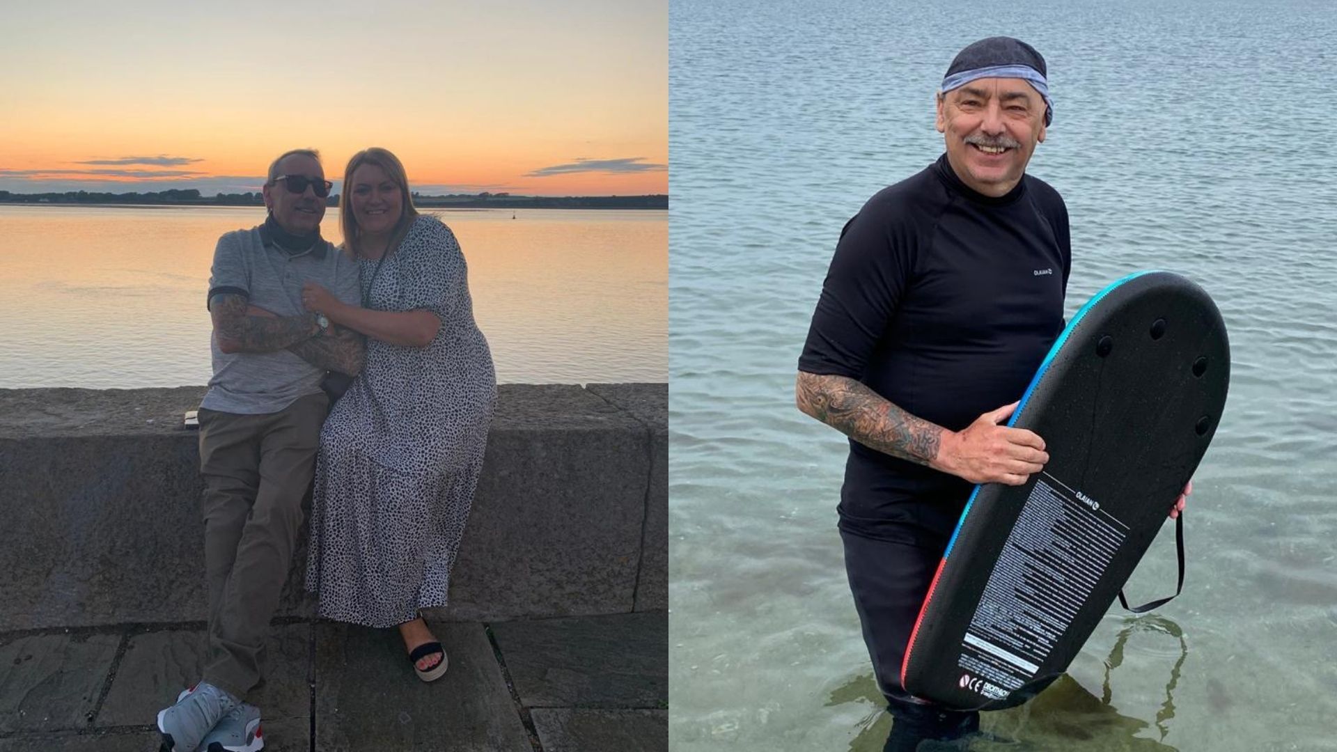 Left: a shot of Graham, a white man in his late 50s, and his wife Sharon, a white woman in her 50s. He is wearing a light blue polo, khaki trousers and sunglasses. She is wearing a summer dress. They are embracing and smiling at the camera. Right: Graham in the sea, wearing a wet suit and holding a body board and smiling at the camera.