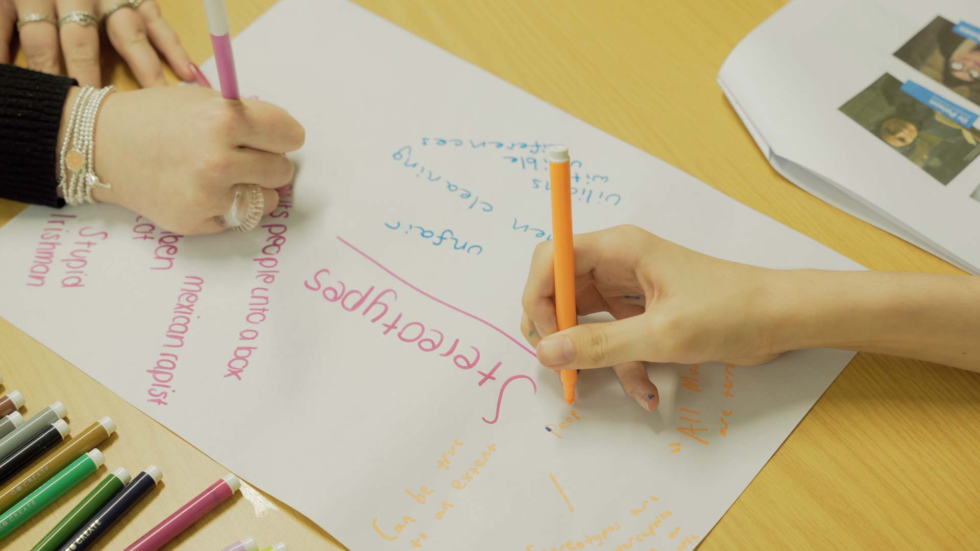 Young people creating a mind map about stereotypes on a piece of paper