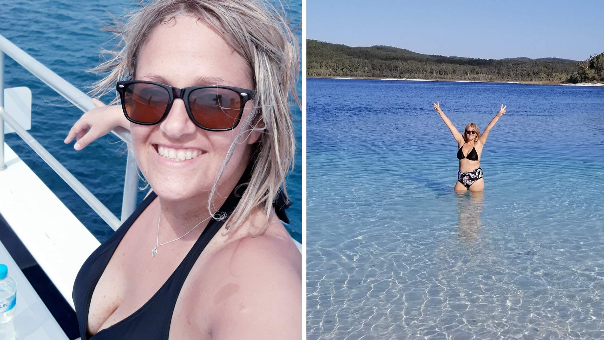 Left: a woman on a boat wearing sunglasses and smiling towards the camera. Right: A woman in a bikini stands thigh-high in a blue sea, with her arms outstretched