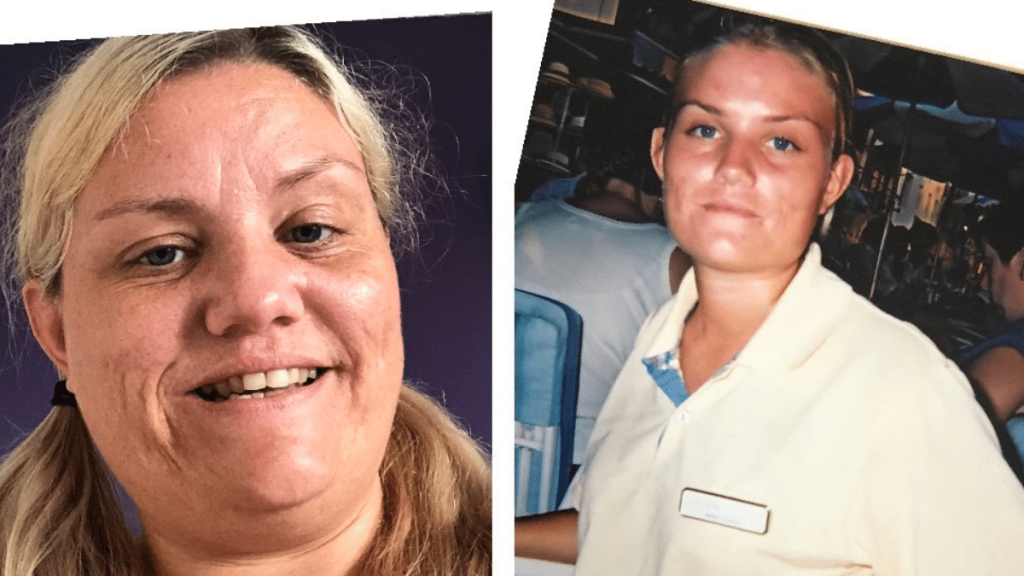A white woman featured in two pictures. The first is here current day, blonde hair tied back, a big smile at the camera. She has small scarring on her face from acne. The second picture is of a younger Sarah, smiling in her work uniform.