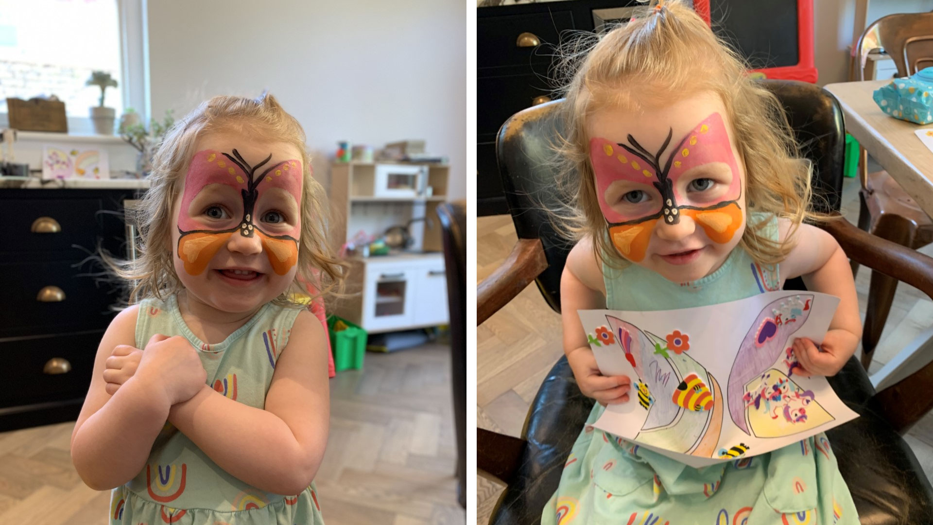 Two images of a small child with butterfly face paint. In one of the images she is holding a picture of a butterfly