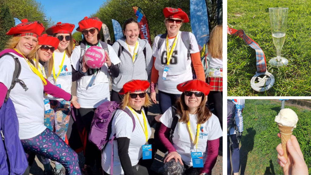 A team picture featuring Monica.Monica's team all wearing tartan berets and Changing Faces t shirts. A netball is being carrier and it's a beautiful sunny day.