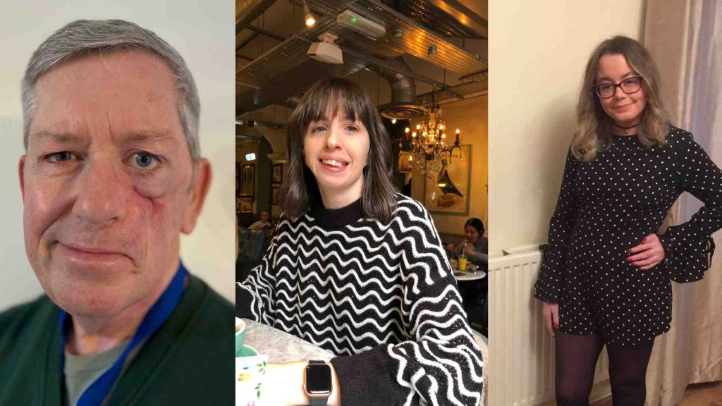 Three pictures of campaigners arranged side by side. Left is a man with a facial difference, middle is a woman in a cafe with goldenhar, right is a woman with a skin condition who is standing with her hand on her hip.