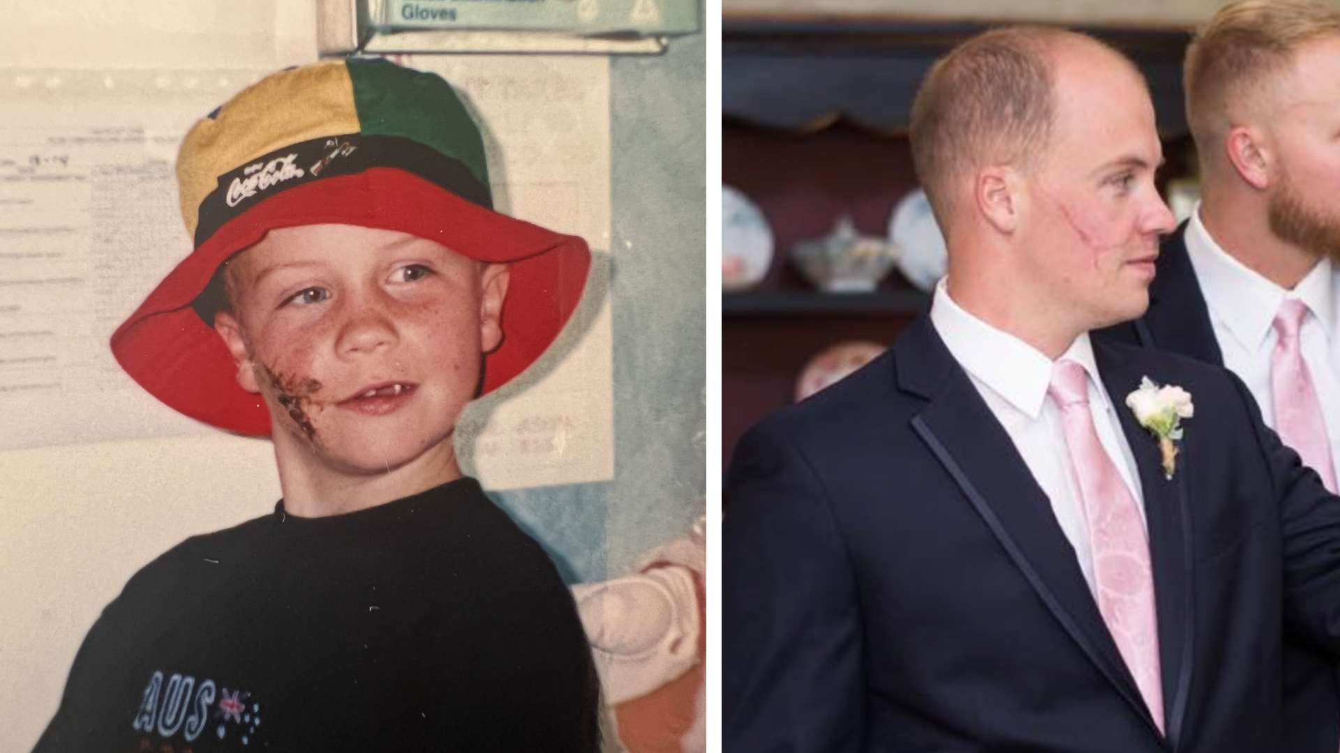 Two images of Dan, one showing him as a young boy and another as an adult