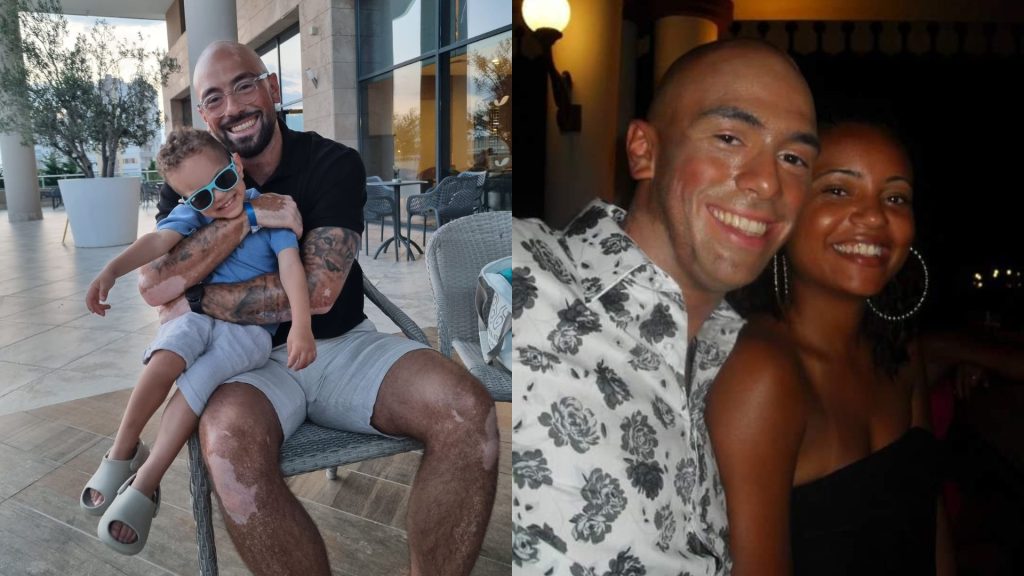 Left: Elj pictured today holding his young son. Right: Elj and his partner Amy on a night out.