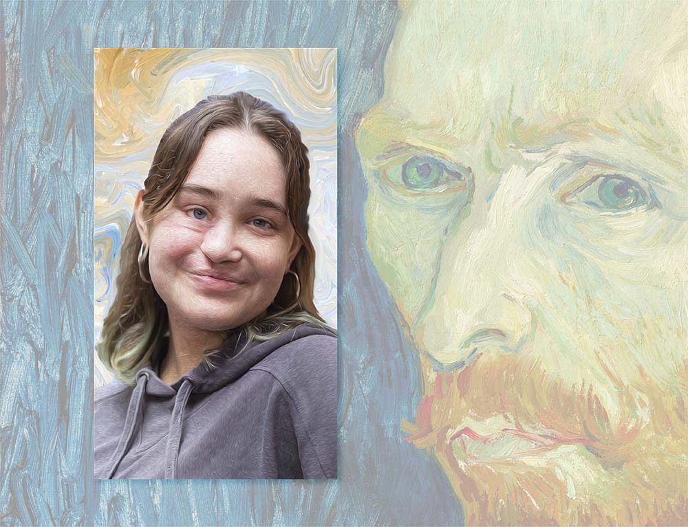 A portrait of Abi for Face Equality Week in the style of Vincent van Gogh