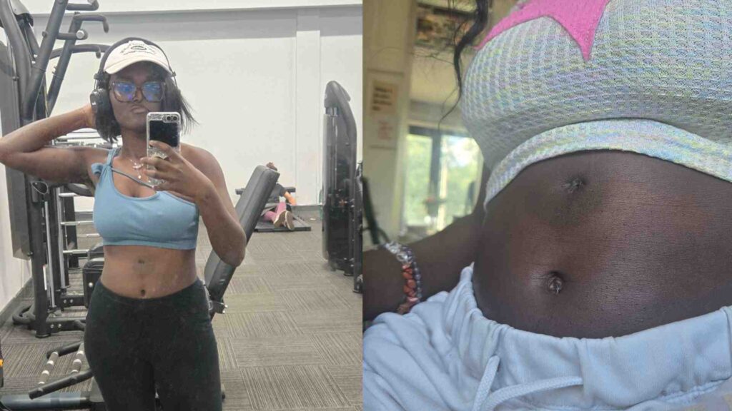 Two side by side photos of Crystal which show the scar on her stomach. The first is the photo she took at the gym, which inspired her to write about empowerment through embracing your scars.