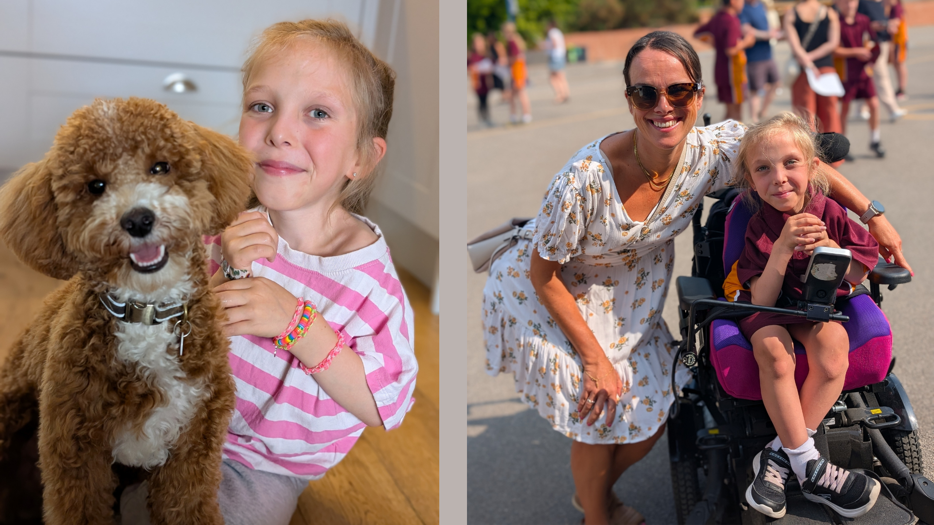 two pictures of Isla, one with her cockapoo and another in her wheelchair with Nicky by her side.