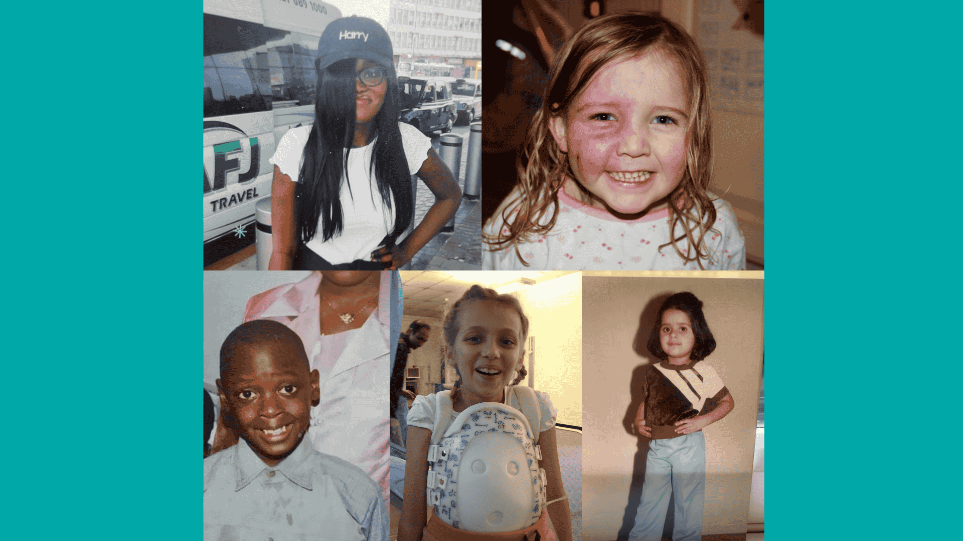 A collage of five campaigners when they were younger. The top two photos are Crystal and Evie. The bottom three photos are Romeo, Katie and Joti.
