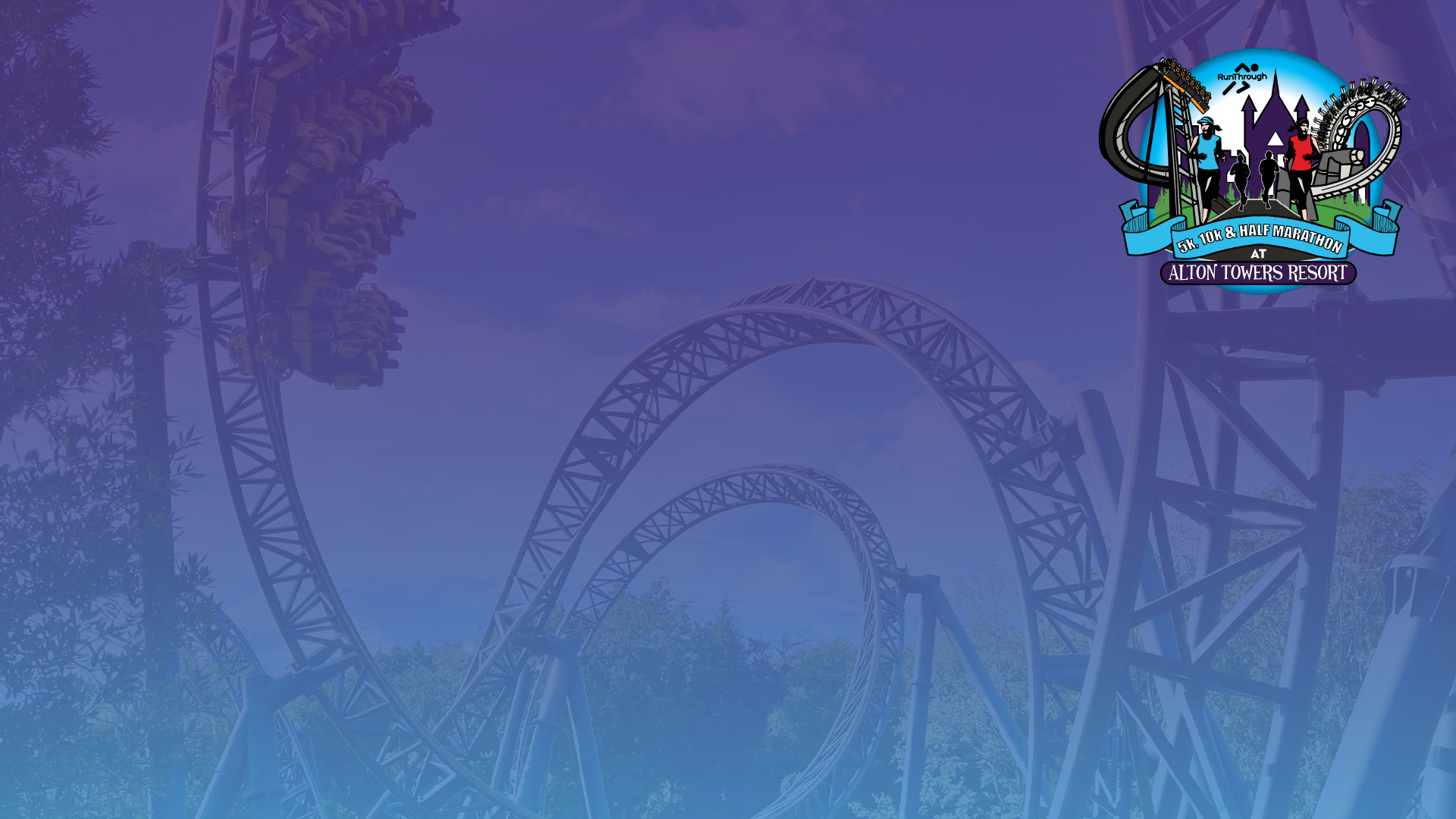 Run Alton Towers logo over a roller coaster background