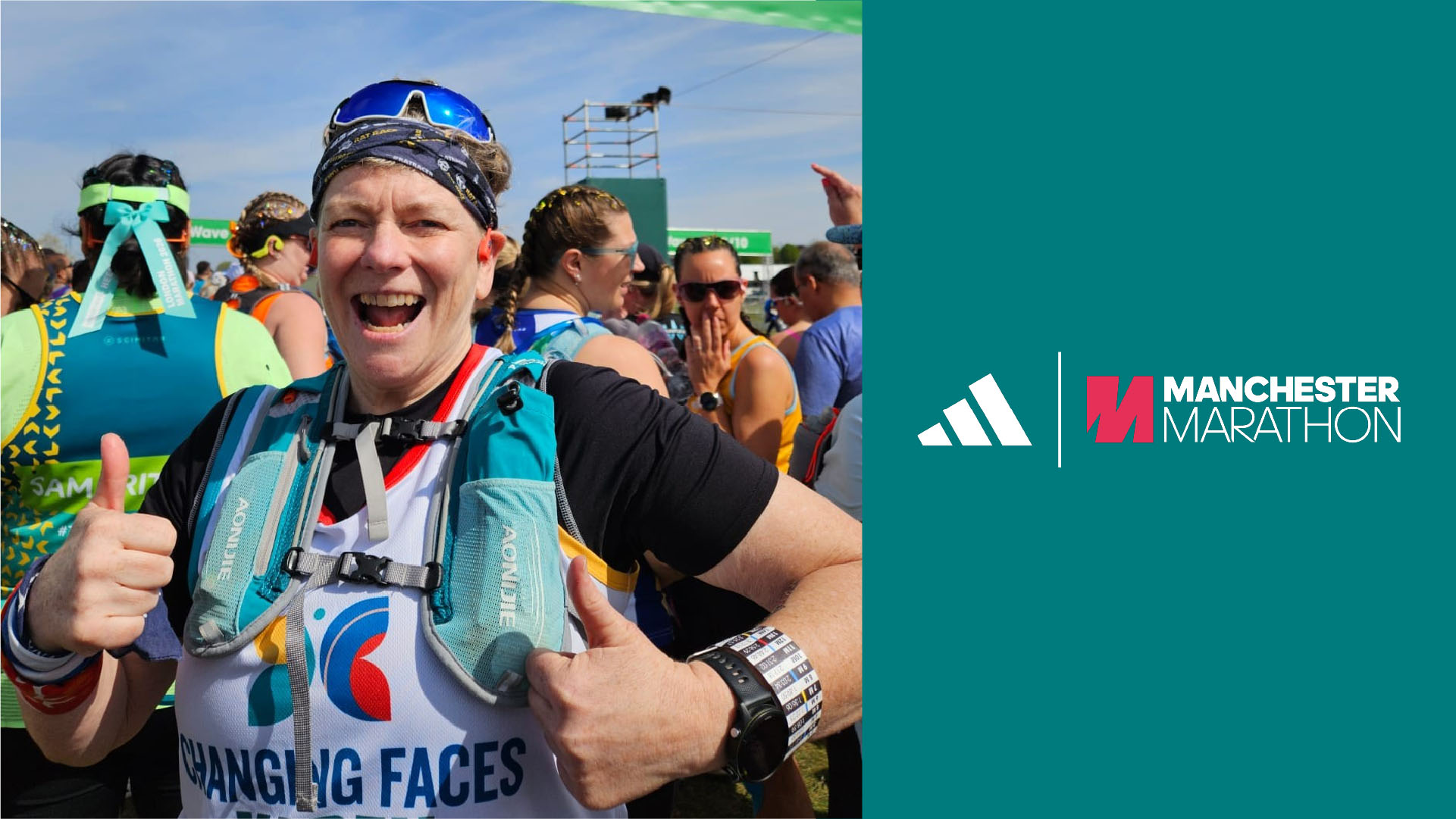 A lady in a changing faces running vest with her thumbs up