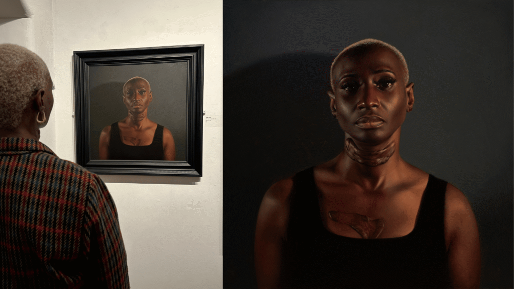 Two images side by side. The left image shows Ada looking at the portrait of herself in the gallery. The right image shows the portrait itself. It has a dark background with Ada facing straight on towards the viewer with her keloid scars visible.