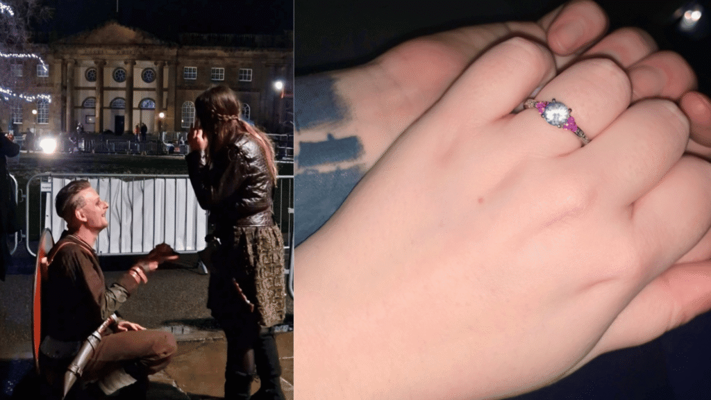 Two photos. The left photo shows the moment Jamie proposed to Joanne. The right photo shows Joanne's engagement ring which has a diamond with two pink jewels either side.
