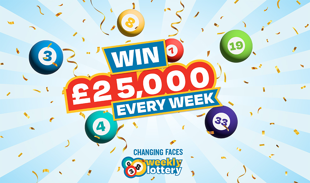 Lottery balls fly through the air around the words win £25,000 every week